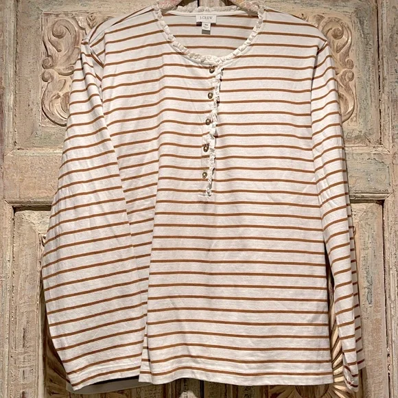 EUC J.Crew Factory Tan and White Striped Ruffle Neck Henley /3X/ - Picture 1 of 6